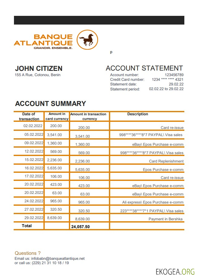 Relevé bancaire Bénin Banque Atlantique